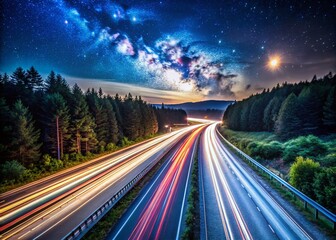 Long Exposure Night Drive on a Highway - Captivating Light Trails and Starry Sky