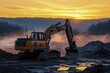 © Outkast - Excavator at Dusk with a Golden Sky and Reflecting Puddle