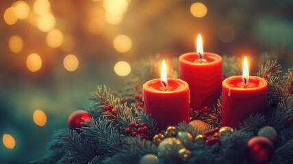 Wall Mural - Beautiful winter candles with copy space