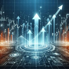 Futuristic raise arrow chart digital transformation abstract technology background. Big data and business growth currency stock and investment economy . 
