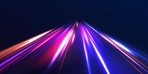 Leinwandbilder - Light trails on road at night. Abstract futuristic neon background with glowing ascending lines. Beautiful glow light flare and spark. Red blue special effect, speed police line. 