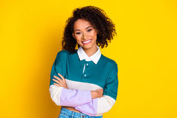 Sticker - Photo portrait of pretty young girl crossed hands smile wear trendy striped outfit isolated on yellow color background