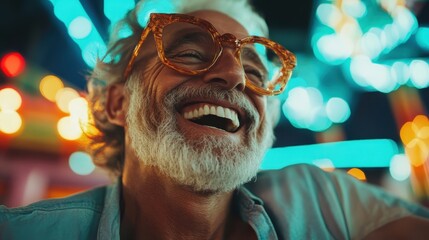 A joyful elderly man with a beard laughing heartily against the backdrop of vibrant, colorful lights, creating an atmosphere of warmth and happiness.