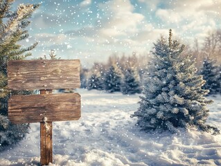 Snowy winter landscape with fir trees, wooden signboard, and falling snowflakes, evoking a festive, serene atmosphere.