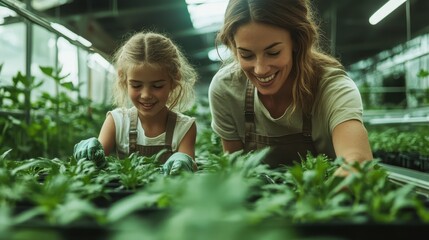 With joyful expressions, a mother and her young daughter cultivate plants in a sunlit greenhouse, showcasing a shared love for nature and sustainable living.