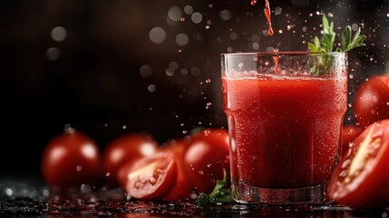 Refreshing tomato juice being poured into a glass surrounded by whole ripe tomatoes, capturing the essence of freshness and health in a vibrant, dynamic scene.