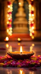 Glowing diya with a backdrop of a softly illuminated temple entrance, decorated with fairy lights and flower garlands. Copy space, happy Diwali background, traditional, Indian festival