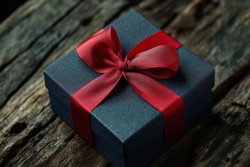 Elegant Black Gift Box with Red Ribbon on Rustic Wood