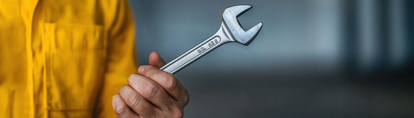 Worker holding a wrench in a yellow shirt, industrial background.