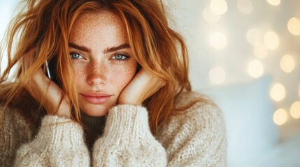 A thoughtful portrait of a woman with fiery red hair, wearing a cozy sweater, resting her chin on her hands in soft lighting, expressing introspection and quietude.