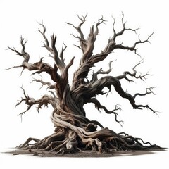 large old dead tree with gnarled roots and twisted branches isolated on white background