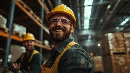 A happy warehouse worker wearing a hard hat and safety glasses, exuding positivity in an organized, work-focused environment, emphasizing safety and collaboration.