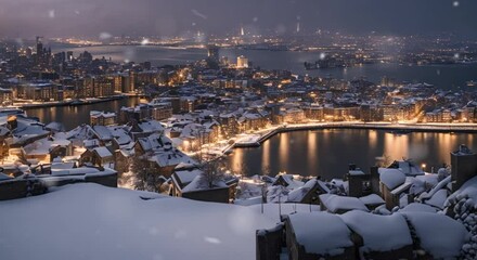 Beauty of a snowfall in a coastal city, with a clear view of the city skyline, showcasing its unique architecture and coastal features, fluffy snow.