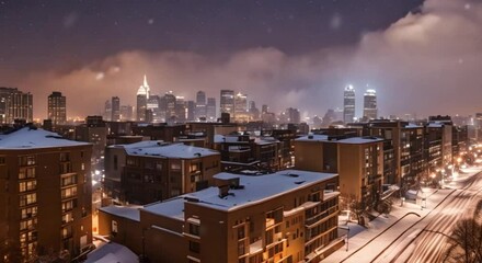 Beauty of a snowfall in a coastal city, with a clear view of the city skyline, showcasing its unique architecture and coastal features, fluffy snow.
