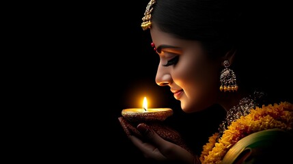 Diwali Celebration: A radiant woman in traditional Indian attire holds a lit diya, her serene expression reflecting the warmth and joy of Diwali, the festival of lights.