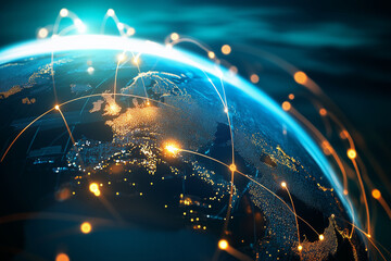 Wall Mural - globe with a network of lines connecting it to other globes. the globe is lit up with a blue and ora