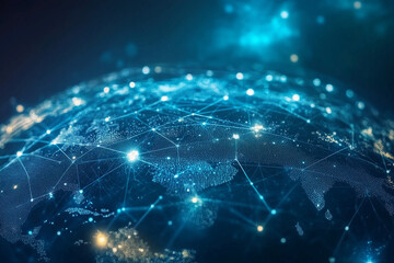 Wall Mural - blue globe with a network of lines connecting it. the globe is lit up with a blue and yellow glow