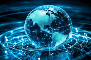 Wall Mural - globe is sitting on a black surface with a network of lines surrounding it. the globe is clear and t