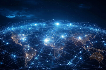 Wall Mural - blue globe with a network of lines connecting it. the globe is lit up with a blue and yellow glow