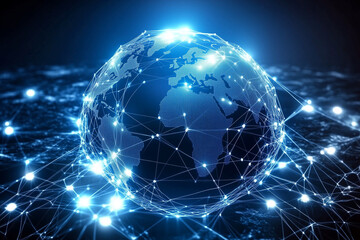 Wall Mural - globe is sitting on a black surface with a network of lines surrounding it. the globe is clear and t