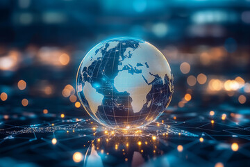 Wall Mural - glowing globe with a blue and yellow surface. the globe is surrounded by a network of lights, creati