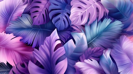 Wall Mural - a vibrant and colorful background with various tropical leaves in shades of purple, pink, and blue.