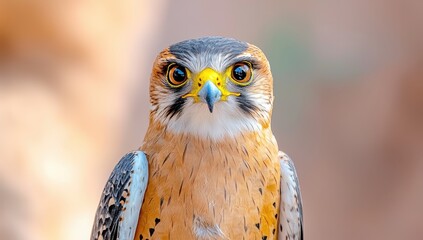 close up portrait of a kestrel bird of prey with intense yellow eyes.