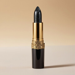 A sleek high gloss lipstick in the shape of a black and gold bullet