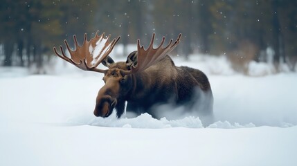Wall Mural - a moose with large antlers walking through a snowy forest during winter. snow is falling, and the mo