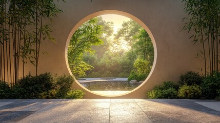 A Circular Window Reveals a Lush, Sun-Drenched Garden Scene