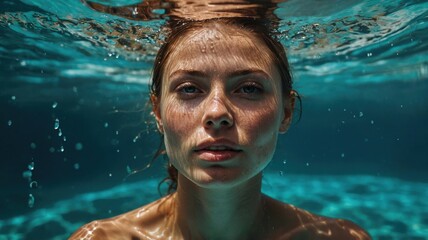 A woman submerged underwater in a pool, her body gracefully floating. The water’s surface above creates a serene, tranquil atmosphere, highlighting her peaceful moment