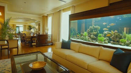 Elegant living room featuring a custom fish tank room divider, filled with tropical fish, offering both privacy and a dynamic focal point.