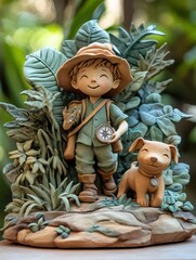 Canvas Print - A brave little boy with a hat and a compass walks through a magical forest filled with beautiful plants. His loyal puppy trots beside him, as the clay wind whispers secrets of adventure