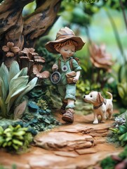 Canvas Print - A brave little boy with a hat and a compass walks through a magical forest filled with beautiful plants. His loyal puppy trots beside him, as the clay wind whispers secrets of adventure