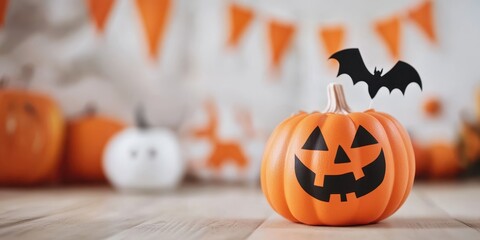 Vibrant Halloween pumpkin with a cheerful face and a bat decoration, set against a festive backdrop of orange flags.