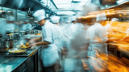 Sticker - A bustling kitchen in motion, with chefs preparing food in a blur of activity, captured through long exposure, showcasing