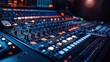 © altitudevisual - Close-up of a professional audio mixing console with illuminated knobs and sliders in a recording studio setting during nighttime.