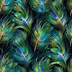 Wall Mural - vibrant feather pattern with teal, orange, and green plumes in a seamless, tropical design.