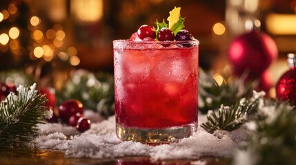 Poster - A colorful cranberry cocktail with berry garnish, set against a backdrop of holiday decorations and snowy pine branches