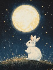 Canvas Print - Capture a whimsical moment of a little white rabbit under a full moon, decorated with bright stars. The illustration should be hand-drawn in a vector style,