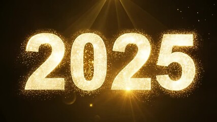 Wall Mural - golden particles are forming the year 2025 against a dark background with sparkling bokeh. this anim