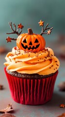 Wall Mural -  halloween cupcake with orange frosting, topped with a miniature pumpkin, glittery stars, and brown branch trees, in a red cupcake liner