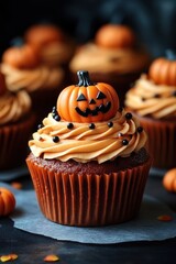 Wall Mural -  pumpkin cupcakes with frosting and decorative pumpkins on top, halloween party theme food ideas for kids or adults