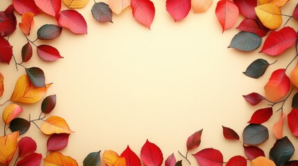 Autumn leaves on light beige background festive nature-themed frame for seasonal greeting cards and decorations