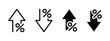© Chelpanoff - Percentage rate arrow icon set. Percent arrow up and down symbol. Price increase and decrease vector illustration. Profit sign. Up and down arrows with percentage pictogram. Financial growth concept.