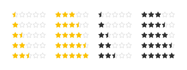 Wall Mural - 5 stars rating review interface template icon set. half star ranking sample vector illustration. qua