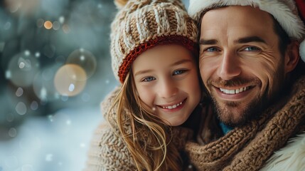 Happy Winter Holidays. Parents and little son wearing Santa hats posing for a photo on a light blue studio background.