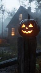 Wall Mural - foggy pumpkin sits on top of an old wooden fence post in front of the house, a glowing jack-o'-lantern with a smiling face and lighted eyes sits next to it, a misty forest scene at night