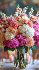 Canvas Print - a wedding table centerpiece combining the rustic charm of carnations with the fullness of hydrangeas. 