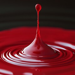 Wall Mural - A vibrant red droplet splashes into a pool of red liquid, creating ripples and a striking visual effect.